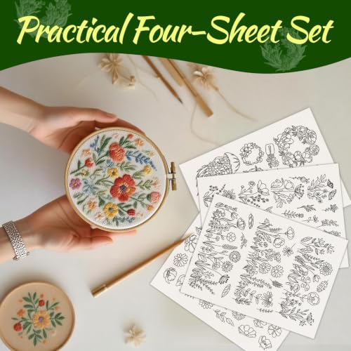 4 Sheets Stick & Stitch Water Soluble Embroidery Paper — Pre-Printed Floral Transfer Patterns, Wash-Away Stabilizer for Hand Embroidery, Beginners, Sewing & Fabric Crafts