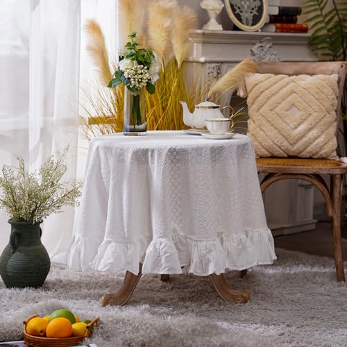 ARTMAGIC French Ruffle Cotton Tablecloth Round Embroidered Table Cloths - size: 60" (Round)