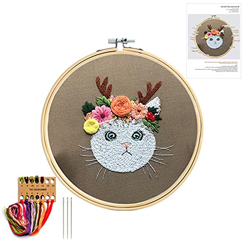 Mozzyyee Embroidery Starter kit, DIY Adult Beginner Embroidery Kits, Including Cloth with Cat Patterns, Colored Threads, Needles, Hoops and Instructions (Gray) - color: Gray