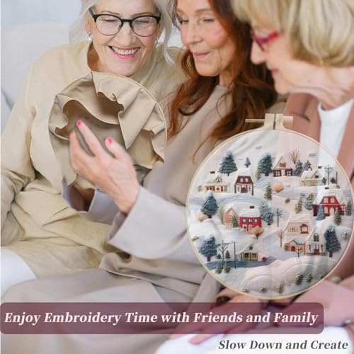 FONNUY Crewel Christmas Embroidery Kit for Beginners, Cross Stitch Set Winter Snow Scene Pine Owl Pattern for Adults, Easy to Follow Color Thread Needlework, 8'' Hoop (Snow Village) - style: Snow Village