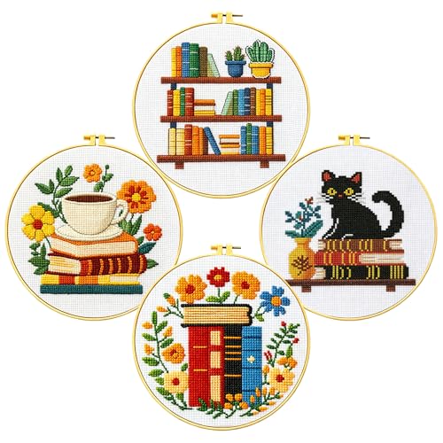 Zhenqing 4 Themes Cross Stitch Kit Set - 11CT 9.45x9.45Inch, Coffee/Books/Cats/Floral Designs, DIY Embroidery Kit with Full Tools (Hoops, Scissors, Tassels) & Guide, Cozy Home Decor Gift(69601) - color: 69601