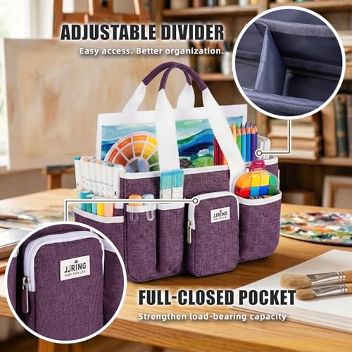 JJRING Large Foldable Craft Organizer Tote with Zipper & Divider, Purple - color: Deep Purple, size: Large