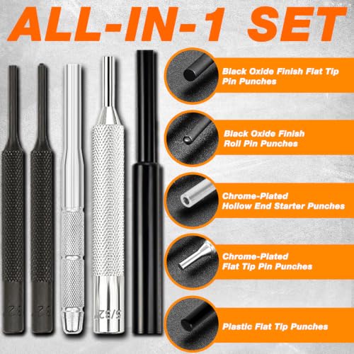 BESTNULE 26pc Roll Pin Punch Set with Bench Block & Pivot Pin Tool & Hammer - size: 26-piece set