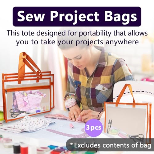 3 Pcs Portable Project Bags for Quilting Knitting, Stitching and Embroidery Projects Storage, Sew Project Bag with Zipper and Double Pockets, Transparent Mesh Sewing Project Bag for Crafter - size: 3 Pack