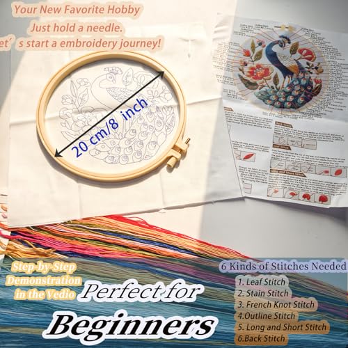 FONNUY Flower Peacock Embroidery Kit for Beginners, Cross Stitch Kits for Adults, Handmade Crafts with Printed Pattern Set, Color Thread Needlework, 8'' Hoop (Dignified Peacock) - color: Dignified Peacock