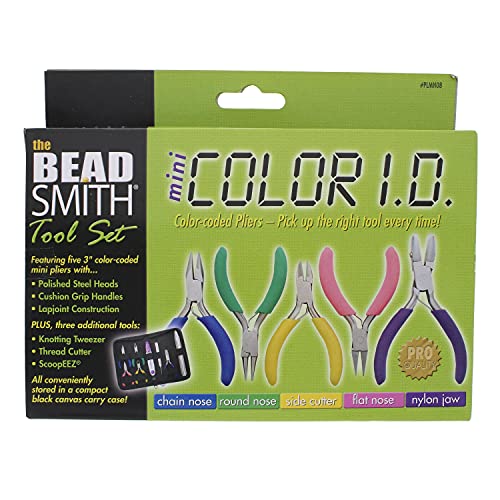 The Beadsmith Mini Color-ID Set – 3”, 8-Pieces Includes: Chain Nose, Round Nose, Side Cutter, Flat Nose, Nylon Jaw Flat Nose, Tweezers, Thread Snippers, Bead Scoop & Canvas Case – For Jewelry Making - size: Mini 8-Piece Set - 3 Inches