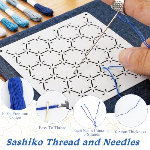 58 Pcs Sashiko Thread Kit with Plastic Sashiko Stencil, Thimble and Needles, Geometric Embroidery Pattern, Sashiko Template for Hand Quilting and Embroidery Projects Jeans Repair DIY Gift