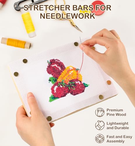 Needlepoint Stretcher Bars for Needlework, 12 Pcs Adjustable Multi-Size Wooden Frame Kit (8/10/11/12/14/16 Inch) with Hammer & Tack Remover for Embroidery, Cross Stitch, Canvas Splicing, DIY Craft Art