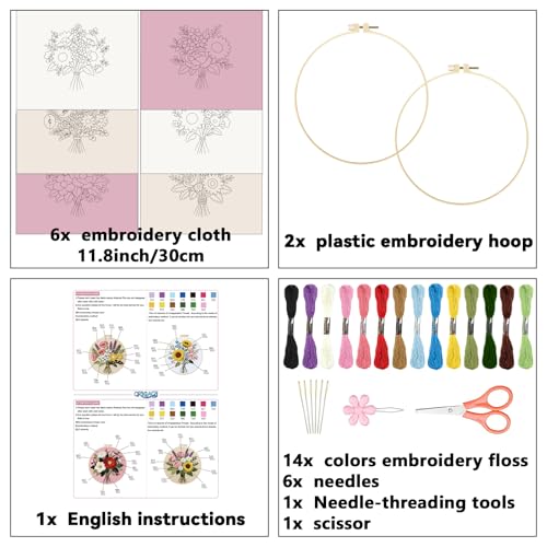 ORIGACH 6 Pack Flower Bouquet Embroidery Kit for Beginner - style: Flower Bouquet