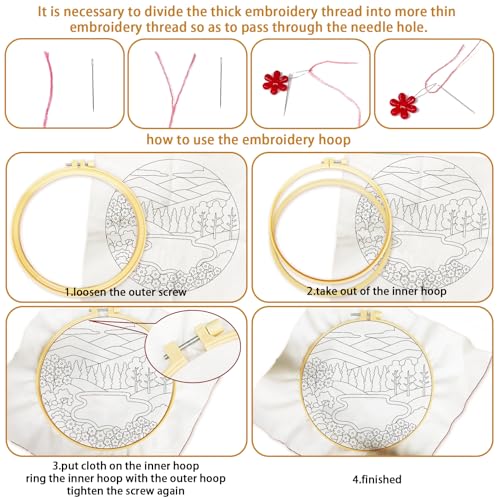 BEUNITONE 6 Pack Hand Embroidery Starter Kit for Adults with Pre-Print Scenery Pattern, Needlepoint Kits with Embroidery Hoop and Instructions, DIY Funny Craft Kits for Gifts and Home Decor - style: Scenery