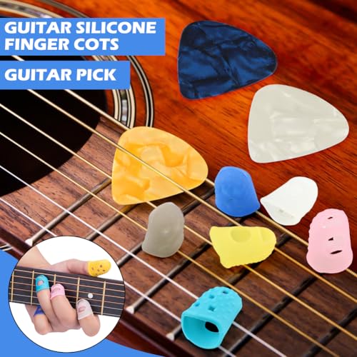 38 pcs Guitar Fingertip Protectors, 5 Sizes Silicone Breathable, Flexible Thimble Finger Pads Grips and 8 Guitar Picks, for Beginner Playing, Ukulele, Banjo, Mandolin