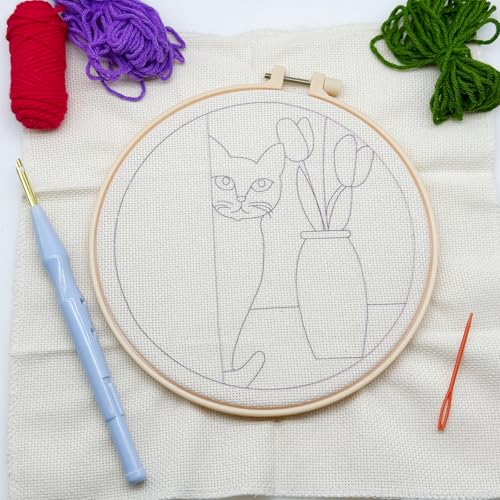 Woohome Punch Needle Kit Included Plastic Hoops, Punch Needle Cloth, Color Yarn and Punch Needle Tools for Adults, Beginners (Cat and Vase) - color: Color 23
