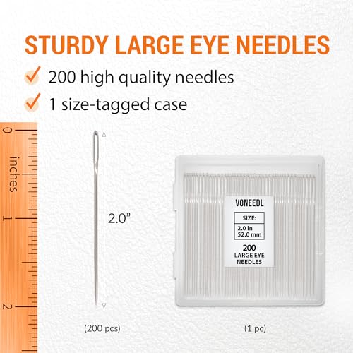 VONEEDL 200 PCS Large Eye Heavy Duty Sewing Needles - Bulk Set of 2 inch Big Eye Embroidery Needles - Easy to Thread Quilting Needles - style: 2 inches
