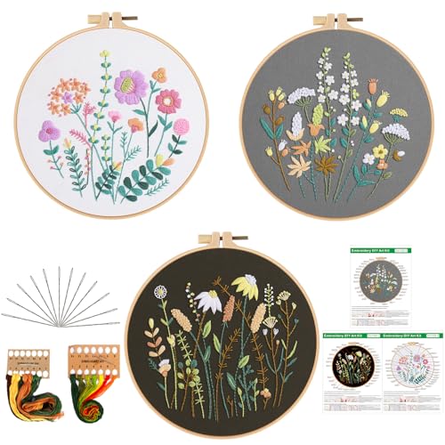 GLTAYLMY 3 Pack Embroidery Starter Kit for Beginners Stamped Cross Stitch Kits with Cute Flowers and Plants Patterns with 1 Embroidery Hoop and Color Threads for Adults - color: FEKOW