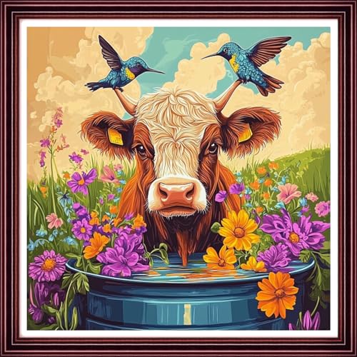 Funchey Counted Cross Stitch Kits for Adults Needlepoint Kits Unprinted Cross Stitching Embroidery Kit 11CT Cross Stitch Supplies-Hummingbird Flower Cow 18x18 inch - color: ArtsKit18