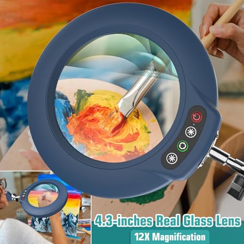 12X Magnifying Glass with Light and Stand, Real Glass Lens (Not Acrylic), 5 Color Modes, Stepless Dimmable, LED 3-in-1 Floor Lamp, Swing Arm with Clamp, Lighted Magnifier Hands Free for Crafts - Blue - color: Blue