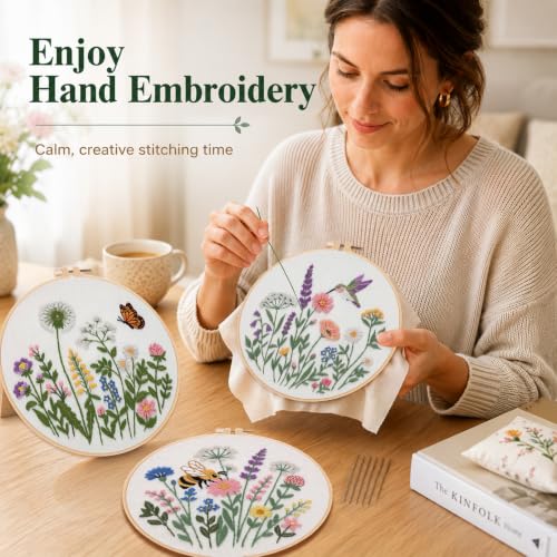Nuberlic Embroidery Kit for Beginners, 3 Pack Floral Stamped Embroidery Starter Kit with Hoop, Pre Printed Flower Patterns, Threads, Needles and Step by Step Instructions, DIY Needlework Gift - color: flower