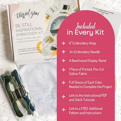 Elly & Grace Christian Embroidery Kit with Embroidery Hoop, Easy Embroidery Kit for Beginners and Adults, Full Embroidery Hoop Kit with Needles and Thread Included (Be Still) - style: Be Still