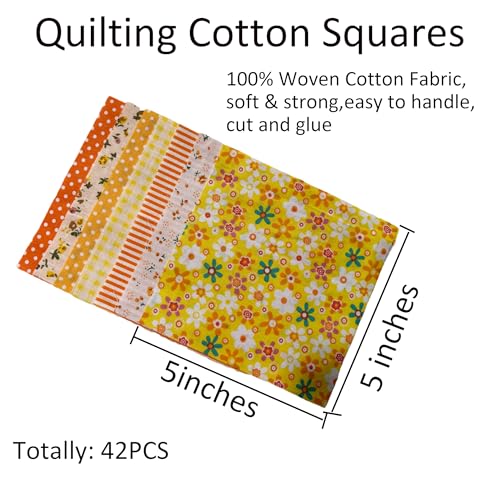 42PCS Quilting Cotton Fabric Squares, Floral Pattern 5x5 Inch Pre-Cut Bundle, 100% Woven Cotton, Multicolor Patchwork for DIY Sewing, Crafts