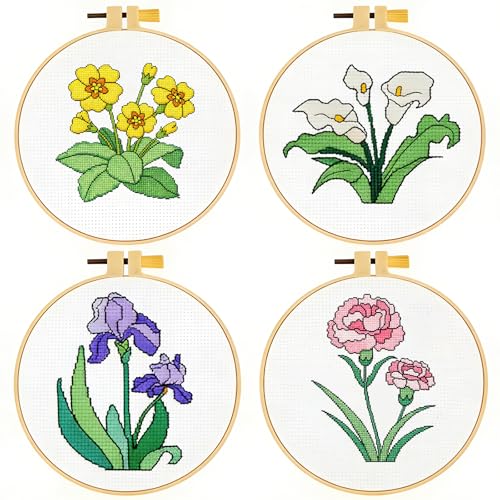 Zhenqing 4 Pack Floral Stamped Cross Stitch Kit, 11CT Printed Primrose Carnation Calla Lily Iris Patterns with 12 cm Hoop, Tools, DIY Botanical Embroidery Set for Adults - color: Floral-4 Piece-2