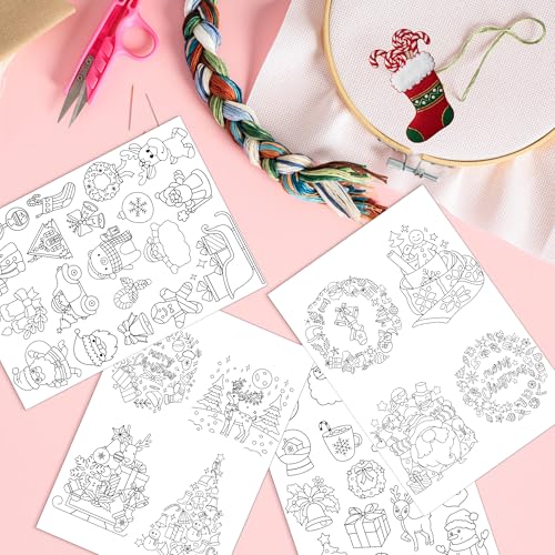 Water Soluble Stabilizer Embroidery Pattern - Christmas Stick & Stitch Embroidery Paper Wash Away, Wreath Snowmen Hand Sewing Patterns for Jean Bag T-Shirt (4 Sheets) - style: Xmas022