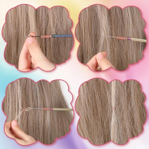 2 Pcs Extension Bead Loop Tool, Stainless Steel Loop Needle Pulling Hook, Needle Threader for Hair, Threader Wire Beads Closer, Micro Links Kit for Feather Extensions, Hairs Pulling Hooks