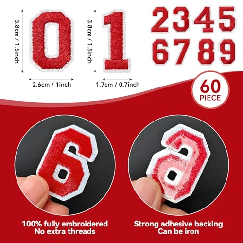 J.CARP 60Pcs Red Number 0 to 9 Patches Iron on Sew on Letters for Clothing, Hats, Shoes, Backpacks, Handbags, Jeans, Jackets etc. - color: 60pcs Number, Red