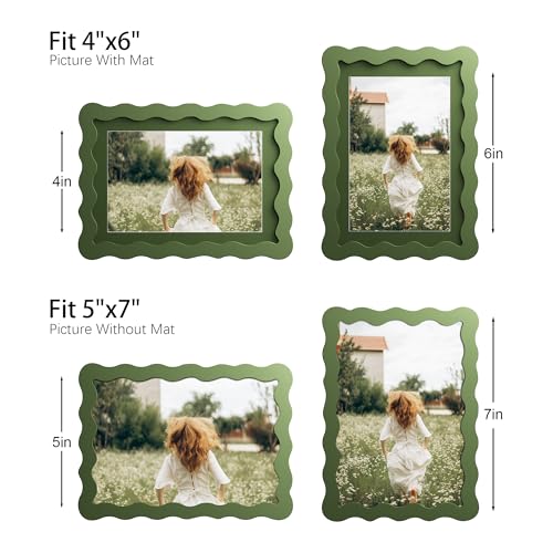 5x7 Picture Frame with Mat for 4x6, Wavy Edge Wooden Real Glass Photo Frame for Tabletop and Wall Hanging, Green, 1 Pack - color: Green, size: 5x7 in