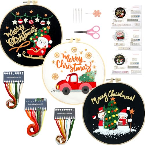 3 Sets Christmas Embroidery Starter Kit with Pattern for Beginners, Embroidery Kits with Christmas Pattern, Cross Stitch Set with Plastic Embroidery Hoops, Color Threads, Tools and Instructions - color: Xmas Black White