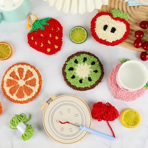 Justforjoyful 6 Set Punch Needle Embroidery Coasters Craft Kits Punch Needle Refrigerator Magnets Kit Tool Threader Fabric for Christmas Winter Beginners Adults DIY Handmade Gifts Party(Fruit)
