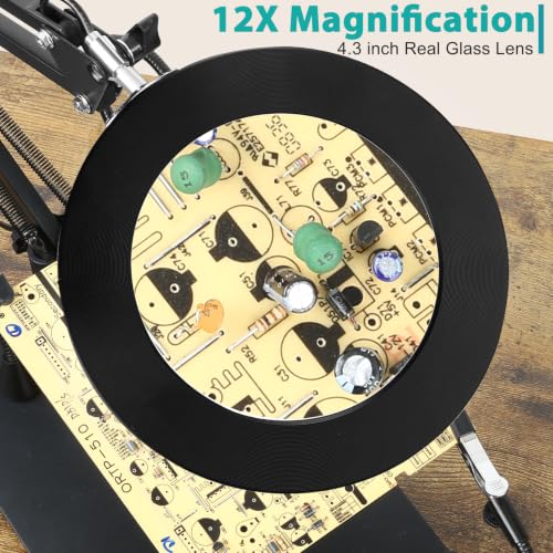 Helping Hands Soldering Station, 12X Magnifying Glass with Light and stand with 4 Magnetic Third Hand Soldering Tool, PCB Holder Magnifier Desk Lamp for Soldering Repairing Jewelry Crafts