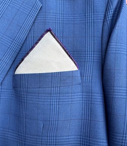 Natural Linen Pocket Squares, Embroidered Contrast Border 3 pcs, Off white - color: A5 (3-pack)