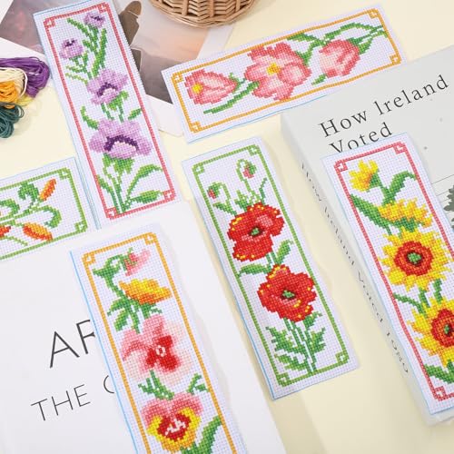 ORIGACH 6 Set Flowers Cross Stitch Bookmark Kit for Beginner - style: Flowers