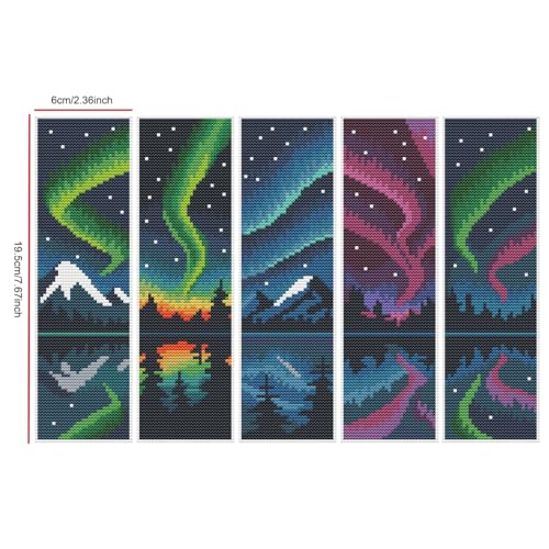 5PCS Cross Stitch Bookmark Kit for Adult Beginners Aurora Borealis DIY Cross Stitch Kits Adult Stamped Bookmark,14CT Embroidery Kit with Instructions,Ornaments for Gifts