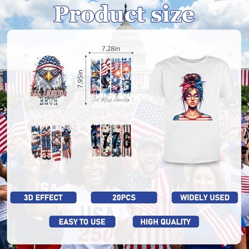 20Pcs Papiailove 4th of July Dtf Transfers Ready to Press Independence Day Iron on Transfers for Tshirts 250th Anniversary Transfer Vinyl Stickers for Clothing Pillows Bag DIY Crafts - color: Independence Day