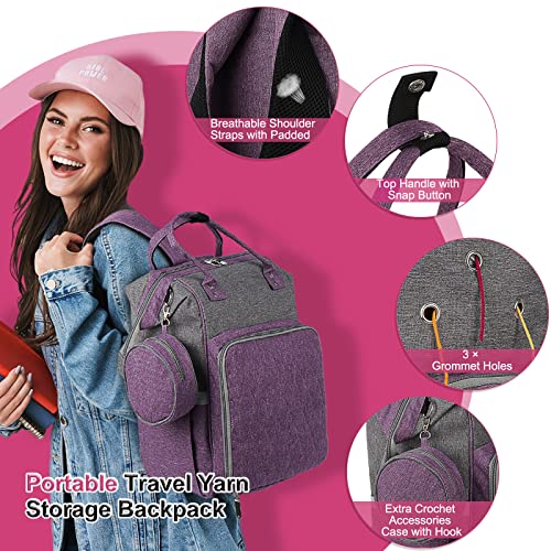 Coopay Knitting & Crochet Bag - Large Yarn Storage Backpack, Portable Organizer for Knitting Needles, Crochet Hooks & Supplies - color: Purple & Gray
