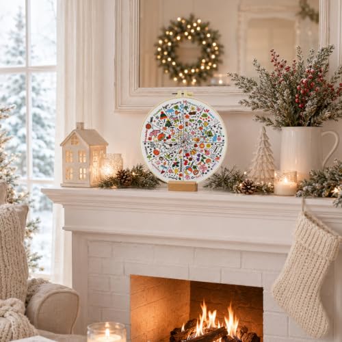 A Year of Doodles Embroidery Kit for Beginners Adults, 12-Month Seasonal Icon Wheel Easy Cross Stitch Kit Easy All-Year Round Embroidery Starter Kits with Wooden Hoop Needles Threads and Instruction - color: 12-Month Seasonal Icon