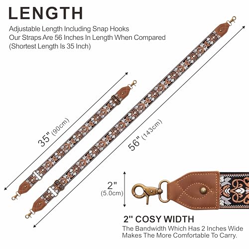 Nefelibata Banjo Strap,2"Wide Double Crazy Horse Leather Jacquard Embroidery Strap Adjustable Replacement,Multi-pattern Strap With Metal Clips - color: A#-embroidery Yellow