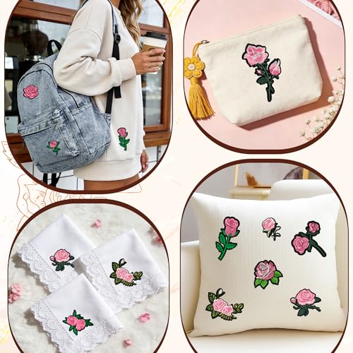 25PCS Pink Rose Iron on Patches, Embroidered Floral Applique Patches for Jackets, Jeans, Hats, Backpacks and Tote Bags - color: pink