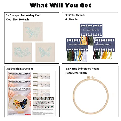 GLTAYLMY 3 Pack Embroidery Kits with Butterfly Pattern for Beginner Adults,Cross Stitch Kits with 1 Plastic Embroidery Hoops,Needles and Color Threads,Needlepoint Kit for Adults - color: Butterfly
