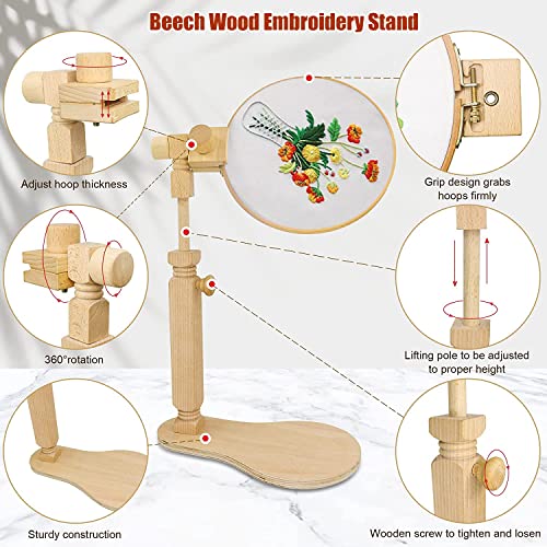 Embroidery Hoop Stand - Rotated Cross Stitch Stand Lap, Easy to Use Natural Beech Wood Embroidery Hoop Holder, Hands Cross Stitch Stand for Art Craft Sewing Needlework Projects