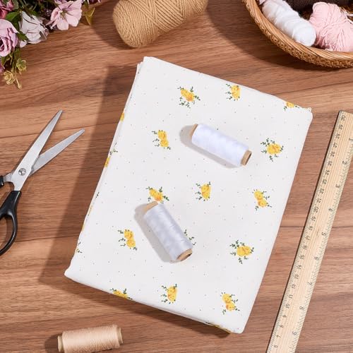 1.75 Yards Floral Patterned Fabrics Yellow Flower Printed Beige Cloth Base Patchwork by The Yard Polycotton Quilting Flowers Fabric for Sewing Making Upolstery Accessories DIY Craft Supply - size: 1600MM, style: Yellow Flower