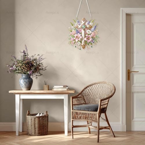 Aeepics Hanging Diamond Art Kit for Adult Religious, DIY Diamonds Painting Pendant Ornament Kit, Acrylic Diamond Art Painting Board Kit (Cross) - color: Cross