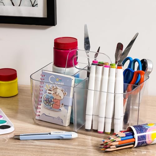 AOZITA Multiuse Caddy Organizer with Handle, Portable Divided Tote Bin - Art Craft, Stationary Pen Marker Crayons, Makeup Hair Supplies Storage - Bathroom, Classroom, Dorm, Office, Desk Holder -Clear - color: Clear