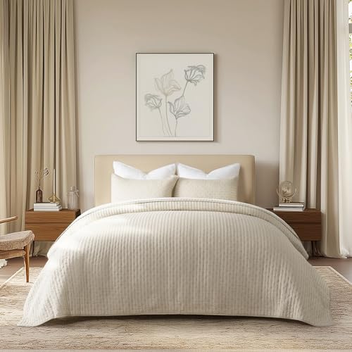 EVERGRACE 100% Cotton Cross Stitch 3-Piece Quilt Set, Queen, Flax Beige - color: Flax Beige, size: Full/Queen (92" X 96")