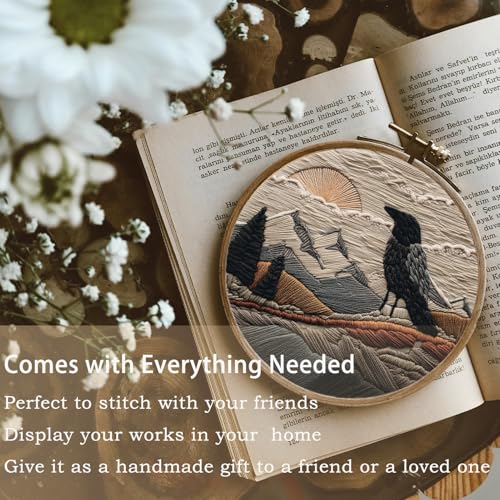 FONNUY Embroidery Kit, Featuring Crow and Landscape Patterns, Cross Stitch Kits for Both Adults and Beginners, Handmade Crafts Printed Pattern Set, Color Thread Needlework, 8'' Hoop (Fearless Bird) - color: Fearless Bird