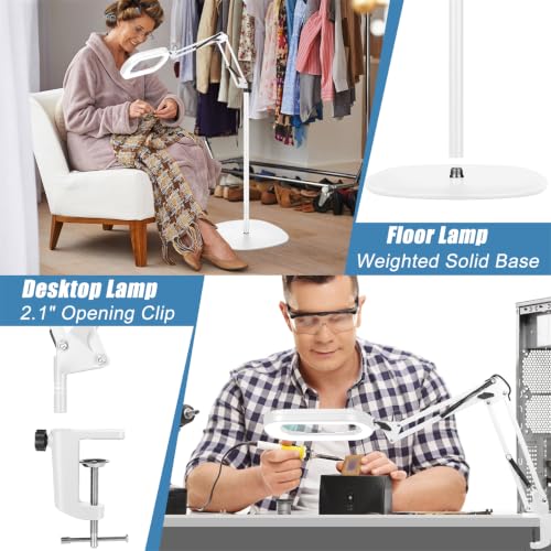 IVMAIE 12X Magnifying Glass with Light and Stand, Real Glass Lens, 5 Color Modes LED Dimmable Lighted, 3-in-1 Floor Lamp with Clamp, Hands Free Magnifier for Reading, Sewing Painting Close Work, White - color: White