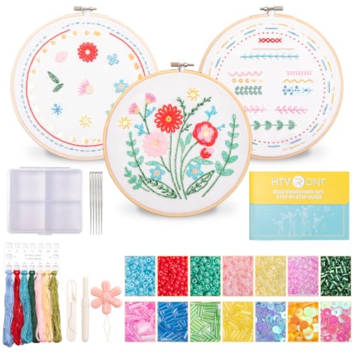 HTVRONT Bead Embroidery Kit for Beginners, 3 Sets, Gifts & Crafts - color: Red Flower Bead Embroidery