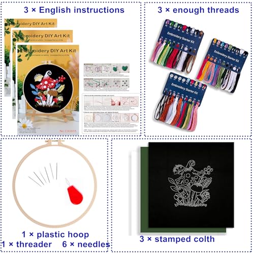 Smart-Feather 3 Sets Mushroom Embroidery kit for Beginners, Hand Embroidery Kits for Adults with Hoop, DIY Art Project Craft Kit (Mushroom) - style: Mushroom