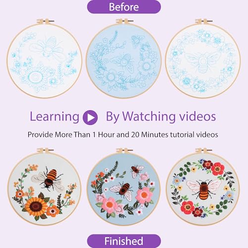 Uniartfy 3 Pack Bee Flower Embroidery Kits for Beginners, Cross Stitch Kit for Adults, DIY Needlepoint with Embroidery Hoop, Tools, Easy to Learn Video & Instructions, Hand Embroidery Starter Kit - color: Embroidery Kit-I
